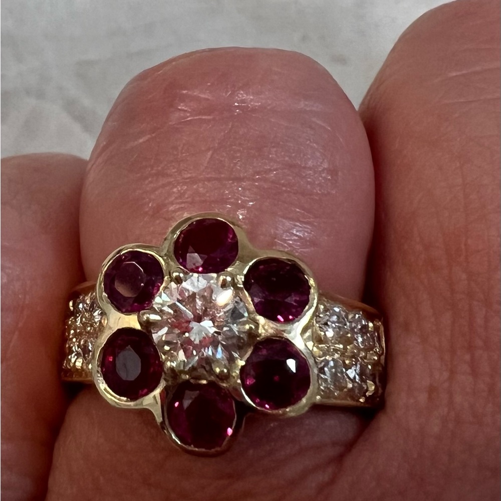 Genuine ruby and diamond (mined) flower ring-price firm